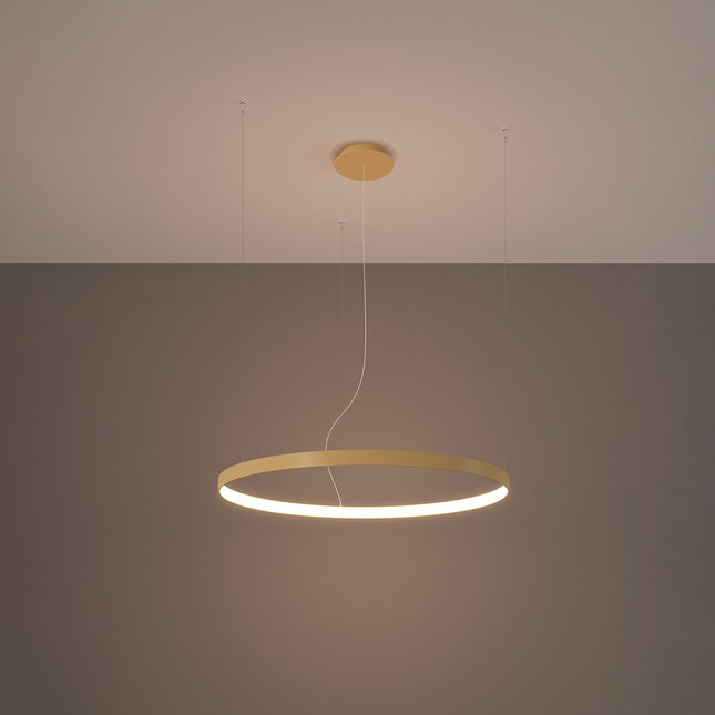 Lustre anneau doré Anneau Solis allumé au plafond, halo lumineux chaud
