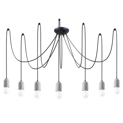 Lustre Béton Raffiné 7, sept douilles en béton sur câbles noirs, éteint