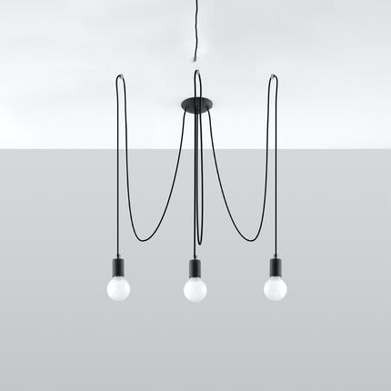 Lustre Câble Minimaliste 3 lumières noir à ampoules E27 apparentes dans un salon contemporain