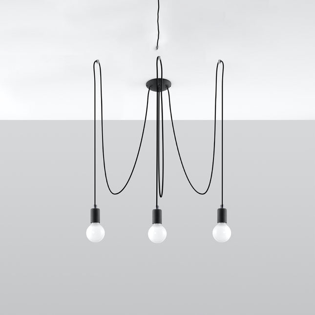 Lustre Câble Minimaliste 3 lumières noir à ampoules E27 apparentes dans un salon contemporain