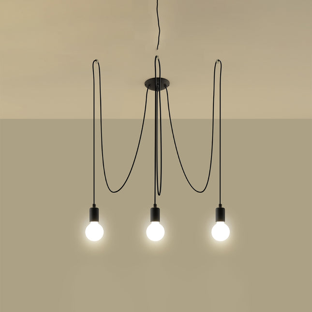Lustre Câble Minimaliste 3 lumières noir à ampoules E27 apparentes en situation dans un intérieur moderne