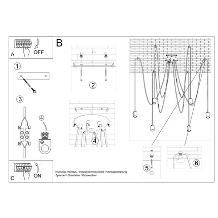 Lustre Câble Minimaliste 5 lumières noir à ampoules E27 apparentes en fonctionnement, lumière allumée