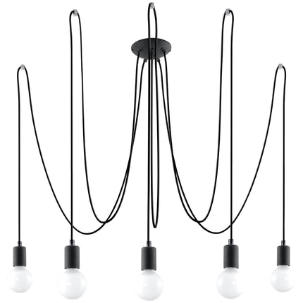 Lustre Câble Minimaliste 5 lumières noir à ampoules E27 apparentes sur fond neutre