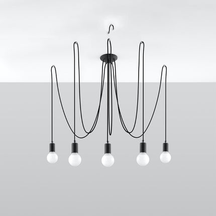 Lustre Câble Minimaliste 5 lumières noir à ampoules E27 apparentes dans un salon contemporain