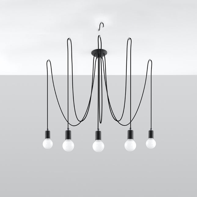 Lustre Câble Minimaliste 5 lumières noir à ampoules E27 apparentes dans un salon contemporain
