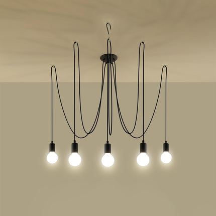 Lustre Câble Minimaliste 5 lumières noir à ampoules E27 apparentes en situation dans un intérieur moderne