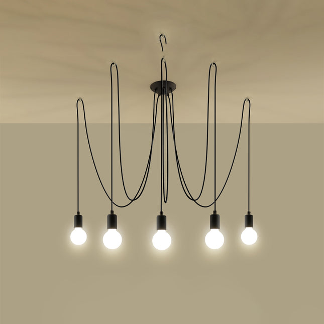 Lustre Câble Minimaliste 5 lumières noir à ampoules E27 apparentes en situation dans un intérieur moderne