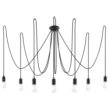 Lustre Câble Minimaliste 7 lumières noir à ampoules E27 apparentes sur fond neutre