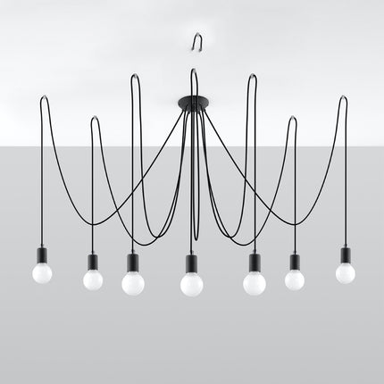 Lustre Câble Minimaliste 7 lumières noir à ampoules E27 apparentes dans un salon contemporain