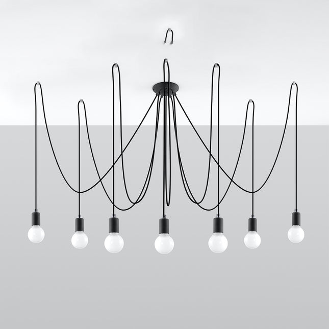 Lustre Câble Minimaliste 7 lumières noir à ampoules E27 apparentes dans un salon contemporain