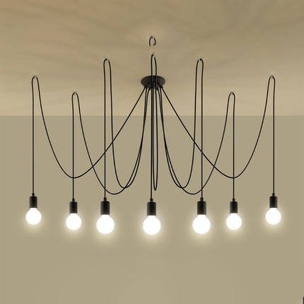 Lustre Câble Minimaliste 7 lumières noir à ampoules E27 apparentes en situation dans un intérieur moderne