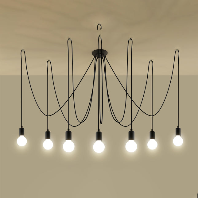 Lustre Câble Minimaliste 7 lumières noir à ampoules E27 apparentes en situation dans un intérieur moderne