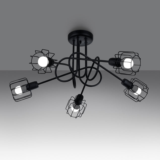 Gros plan sur une des cages filiformes du lustre orientable noir 5 branches