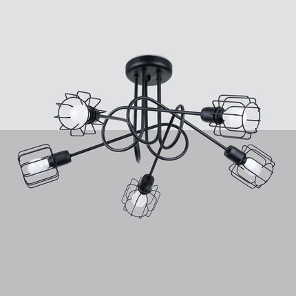 Vue de profil du lustre cage orientable 5 branches et de ses boucles en acier noir