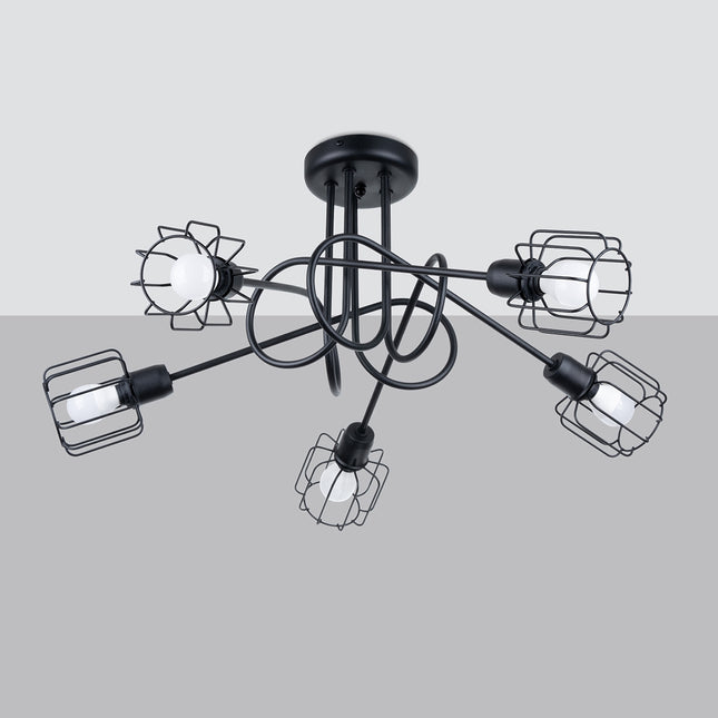 Vue de profil du lustre cage orientable 5 branches et de ses boucles en acier noir