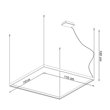 Schéma des dimensions du lustre Carré Pure L : 110 cm de côté, hauteur 150 cm