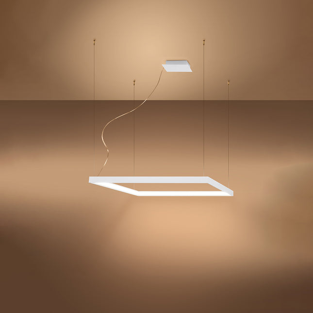 Lustre carré blanc Carré Pure allumé, halo lumineux sur le pourtour