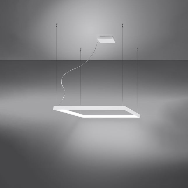 Lustre carré blanc Carré Pure allumé, halo blanc neutre diffusé sur le pourtour