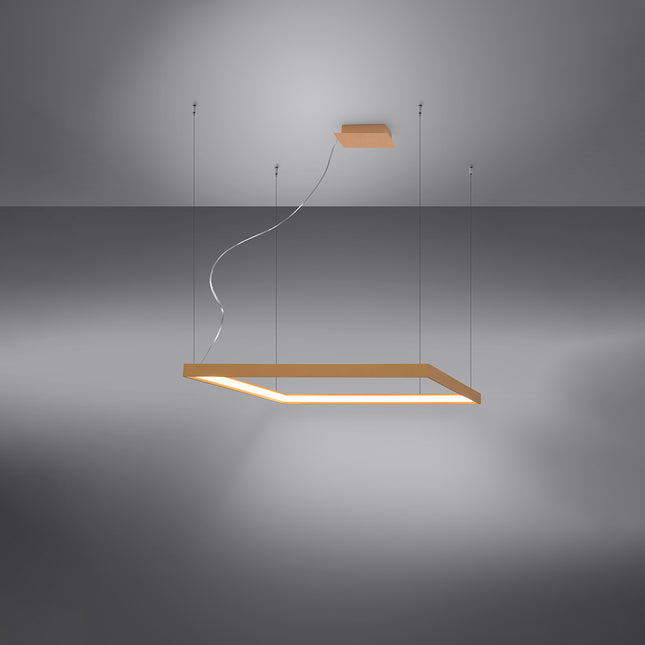 Lustre carré doré Carré Pure allumé, halo blanc neutre diffusé sur le pourtour