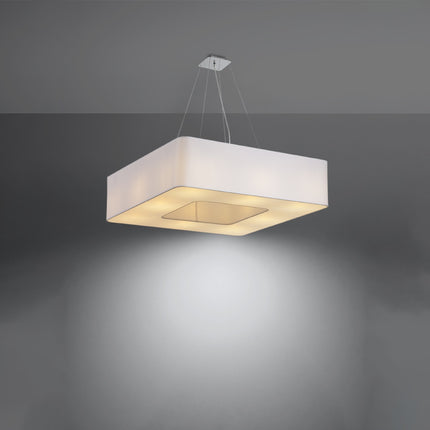 Lustre carré Uranus 80 en tissu blanc allumé diffusant une lumière chaude vers le bas