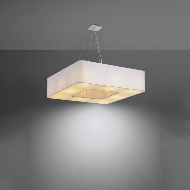 Lustre carré Uranus 80 en tissu blanc allumé diffusant une lumière chaude vers le bas