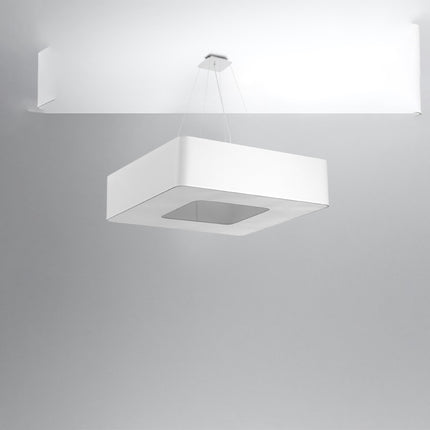 Lustre carré Uranus 80 en tissu blanc suspendu par câbles acier à sa platine, éclairage éteint