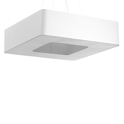 Lustre carré Uranus 80 en tissu blanc vu de dessous, avec son diffuseur central carré, sur fond blanc