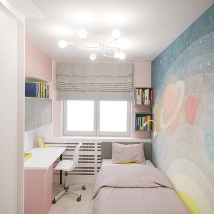 Lustre Design Flex 4 bras blanc allumé au plafond d'une chambre aux tons roses