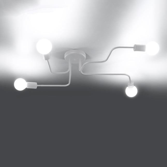 Lustre Design Flex 4 bras blanc allumé sur fond dégradé gris et blanc