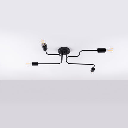 Lustre Design Flex 4 bras noir allumé avec ampoules à filament sur fond blanc
