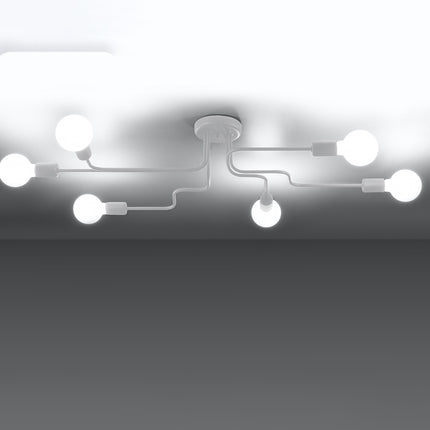 Lustre Design Flex 6 bras blanc allumé sur fond dégradé gris et blanc
