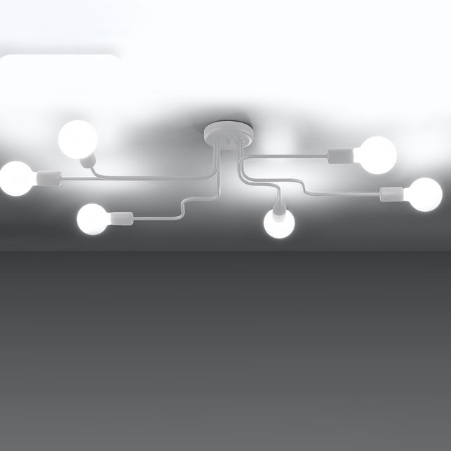 Lustre Design Flex 6 bras blanc allumé sur fond dégradé gris et blanc