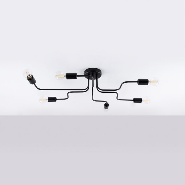 Lustre Design Flex 6 bras noir allumé sur fond blanc