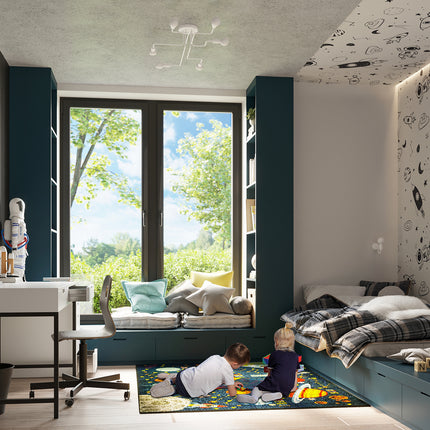 Lustre Design Flex 8 bras blanc au plafond d'une chambre d'enfant à thème spatial