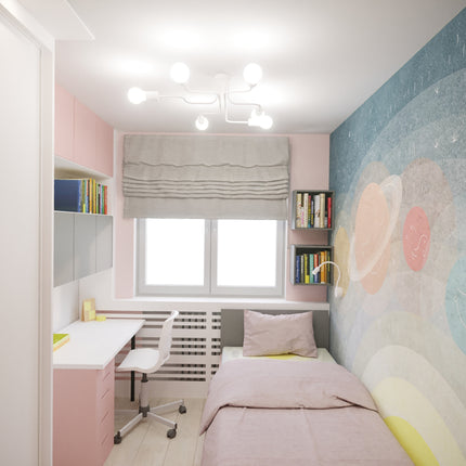 Lustre Design Flex 8 bras blanc allumé au plafond d'une chambre aux tons roses