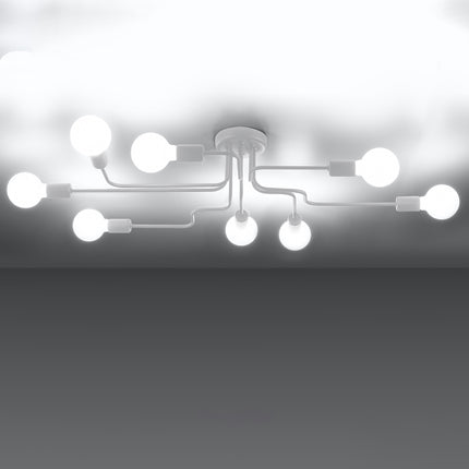 Lustre Design Flex 8 bras blanc allumé sur fond dégradé gris et blanc