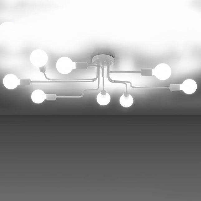 Lustre Design Flex 8 bras blanc allumé sur fond dégradé gris et blanc