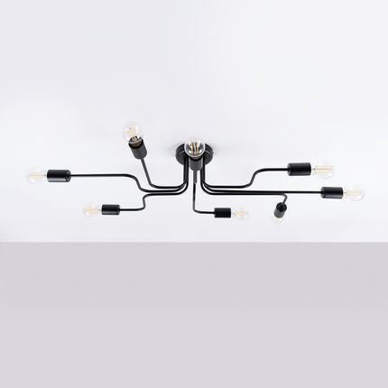 Lustre Design Flex 8 bras noir allumé sur fond blanc