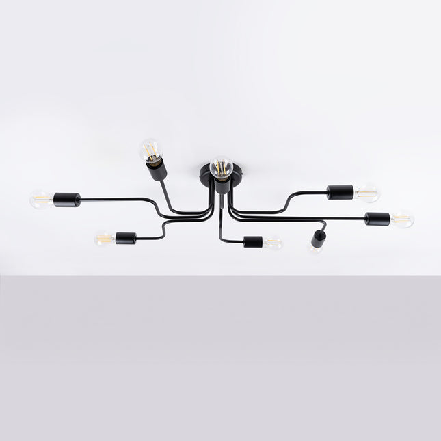 Lustre Design Flex 8 bras noir allumé sur fond blanc