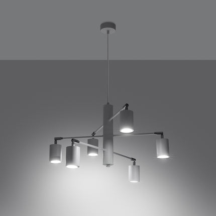 Lustre Focus Moderne 6 bras blanc allumé, diffusion de la lumière GU10 sur chaque tête