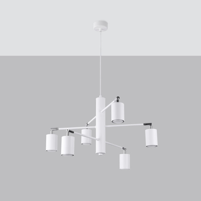 Lustre Focus Moderne 6 bras orientables blanc en acier, vue packshot sur fond neutre