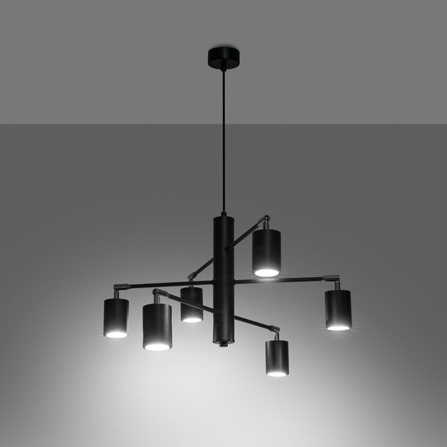 Lustre Focus Moderne 6 bras noir allumé, diffusion de la lumière GU10 sur chaque tête