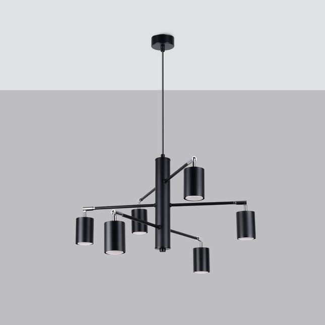 Lustre Focus Moderne 6 bras orientables noir en acier, vue packshot sur fond neutre