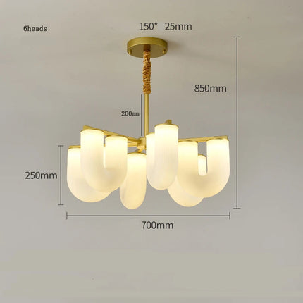 Schéma des dimensions du lustre forme U modèle 6 têtes, diamètre 700 mm et hauteur 250 mm