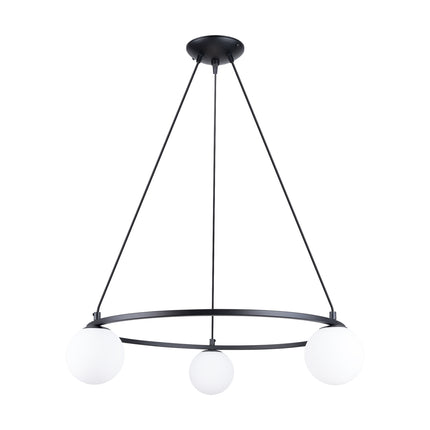Lustre Globe Solis 3 sur fond blanc, anneau acier noir et globes en verre opalin