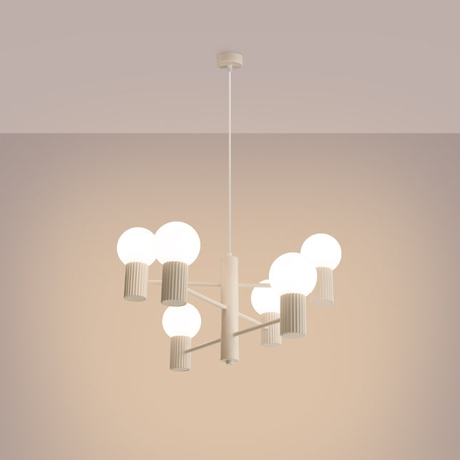 Lustre Halo 6 globes beige, lumière allumée