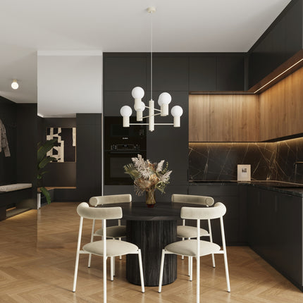 Lustre Halo 6 globes beige, vue d'ambiance