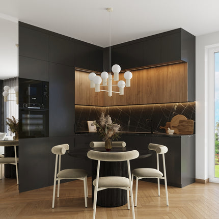 Lustre Halo 6 globes beige, au-dessus d'un plan de travail