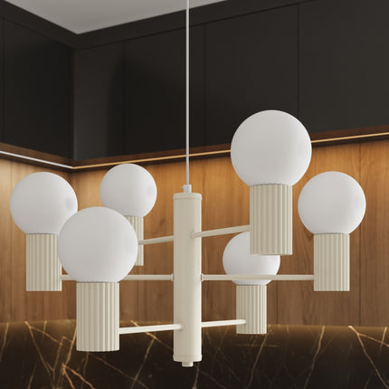 Lustre Halo 6 globes beige, intérieur contemporain
