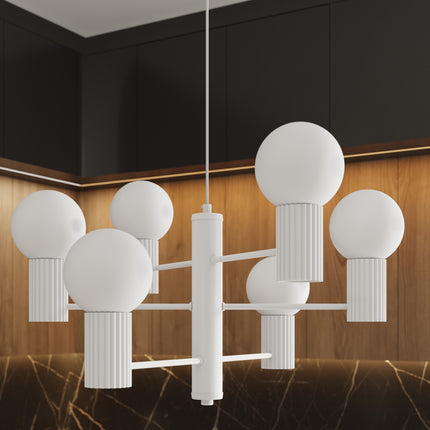 Lustre Halo 6 globes blanc, intérieur contemporain